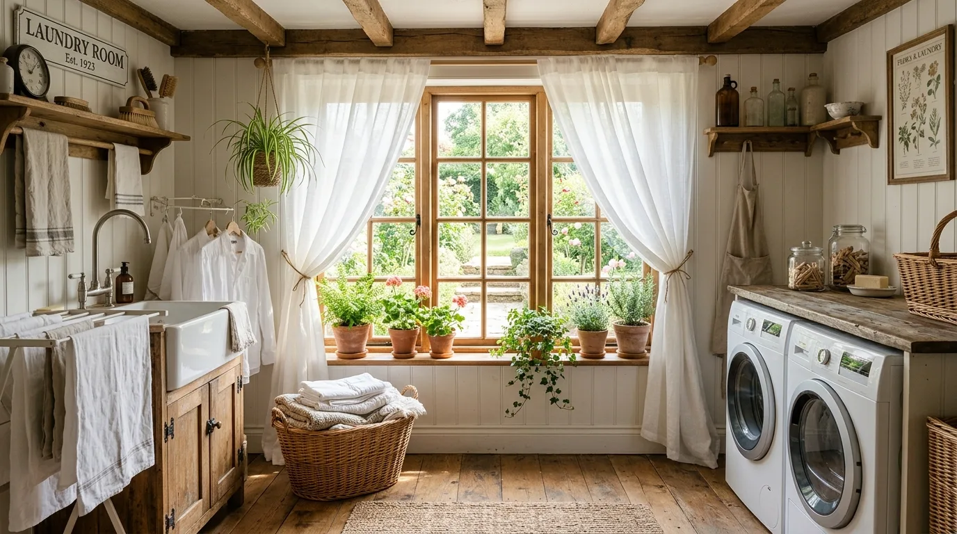 Style open shelves with practical softness inspiration for a cottagecore laundry room.